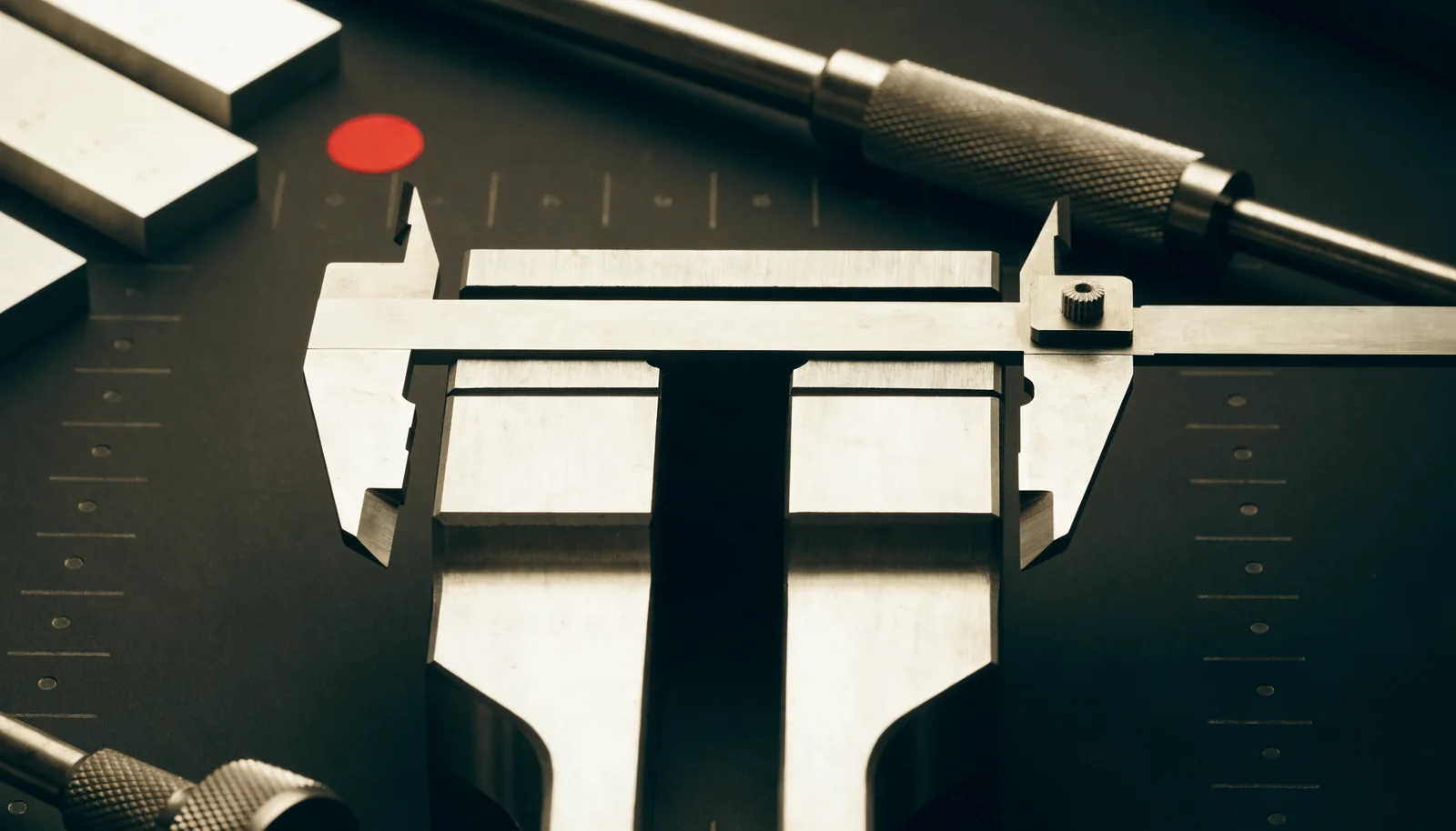 Precision caliper and gunsmithing tools arranged on a measured work surface
