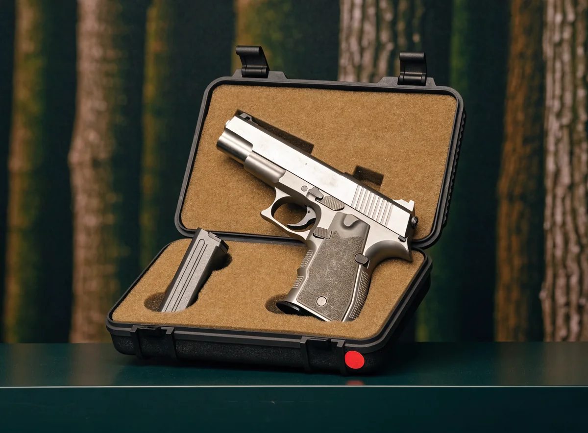 Illustrative generated image of an unloaded compact handgun in a fitted case