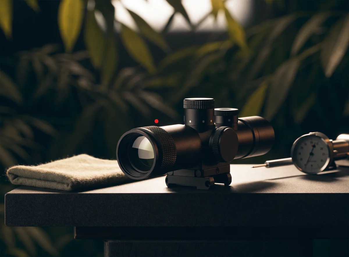 Illustrative generated image of a riflescope on a dark bench