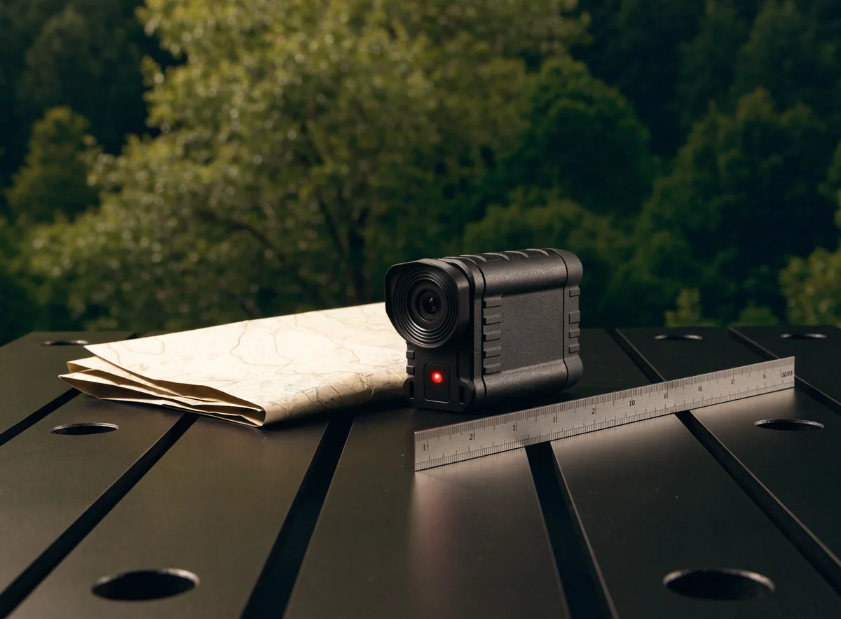 Illustrative generated image of a trail camera with field notes